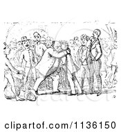Clipart Of Retro Vintage Men Hugging In Black And White Royalty Free Vector Illustration
