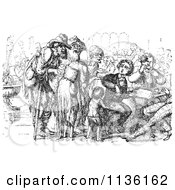 Clipart Of A Retro Vintage Crowd Of Beggars And Foreigner In Black And White Royalty Free Vector Illustration