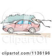Clipart Of A Retro Chrisstmas Tree On The Roof Of A Pink Car Royalty Free Vector Illustration
