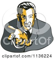 Clipart Of A Retro Businessman Reaching His Hand Outwards Royalty Free Vector Illustration