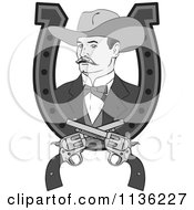 Poster, Art Print Of Retro Grayscale Cowboy In A Horseshoe With Crossed Pistols
