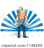 Retro Coal Miner Worker Holding A Pickaxe Over Blue Rays