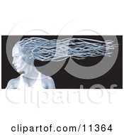 Blue Metallic Woman In Profile With Her Hair Flowing In The Breeze Behind Her Clipart Illustration