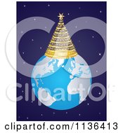 Cartoon Of A Gold Christmas Tree On Top Of Earth Over Stars Royalty Free Vector Clipart