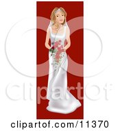 Young Blond Bride On Her Wedding Day Wearing A White Dress And Holding A Bouquet Of Red Flowers