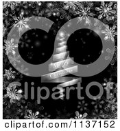 Poster, Art Print Of Silver Merry Christmas Ribbon Tree On Black With Snowflakes