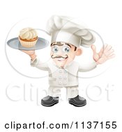 Cartoon Of A Happy Baker Holding A Cupcake On A Platter Royalty Free Vector Clipart