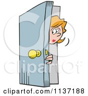 Cartoon Of A Woman Peeking In A Door Royalty Free Vector Clipart