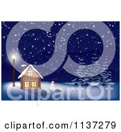 Clipart Of A Christmas Snowman In The Light By A Cabin At Night Royalty Free Vector Illustration