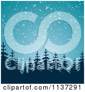 Poster, Art Print Of Snow Falling Down On Silhouetted Evergreen Trees At Night