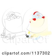 Poster, Art Print Of Outlined And Colored Santa Behind A Large Scroll Letter With Ink