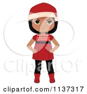 Cartoon Of A Mad Black Christmas Girl In A Red Dress Boots And Santa Hat Royalty Free Vector Clipart