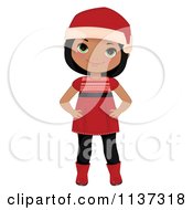Cartoon Of A Happy Black Christmas Girl In A Red Dress Boots And Santa Hat Royalty Free Vector Clipart