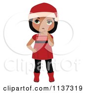 Cartoon Of A Thinking Black Christmas Girl In A Red Dress Boots And Santa Hat Royalty Free Vector Clipart
