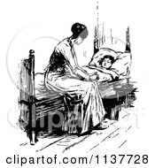 Clipart Of A Retro Vintage Black And White Mother And Son At Bed Time Royalty Free Vector Illustration