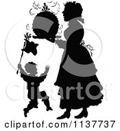 Retro Vintage Silhouetted Son And Mother With Christmas Pudding