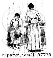 Clipart Of A Retro Vintage Black And White Mother And Son By A Counter Royalty Free Vector Illustration