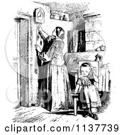 Poster, Art Print Of Retro Vintage Black And White Mother Adjusting A Clock And Daughter