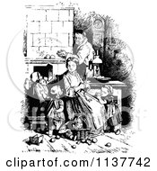 Clipart Of A Retro Vintage Black And White Knitting Mother And Children Royalty Free Vector Illustration