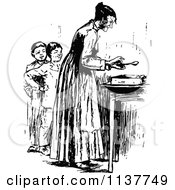 Clipart Of Retro Vintage Black And White Children And Mother By A Table Royalty Free Vector Illustration