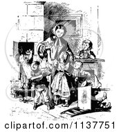 Clipart Of A Retro Vintage Black And White Mother And Children Demanding Attention Royalty Free Vector Illustration