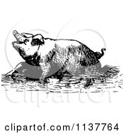 Poster, Art Print Of Retro Vintage Black And White Pig Soaking In Mud