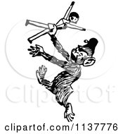 Clipart Of A Retro Vintage Black And White Monkey Dancing With A Doll Royalty Free Vector Illustration