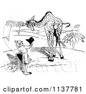 Clipart Of A Retro Vintage Black And White Man Introducing Himself To A Giraffe Royalty Free Vector Illustration