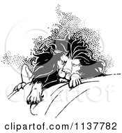 Clipart Of A Retro Vintage Black And White Tired Lion Royalty Free Vector Illustration