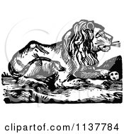 Clipart Of A Retro Vintage Black And White Lion Resting Royalty Free Vector Illustration