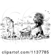 Poster, Art Print Of Retro Vintage Black And White Lion Pushing A Lamb In A Stroller