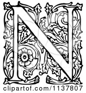 Clipart Of A Retro Vintage Black And White Ornate Letter N Royalty Free Vector Illustration