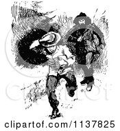 Clipart Of A Retro Vintage Black And White Man Chasing A Boy Royalty Free Vector Illustration