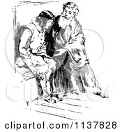Clipart Of A Retro Vintage Black And White Man And Boy Sitting And Talking Royalty Free Vector Illustration