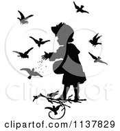 Retro Vintage Silhouetted Girl Feeding Birds