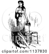 Clipart Of A Retro Vintage Black And White Beautiful Woman By A Chair Royalty Free Vector Illustration