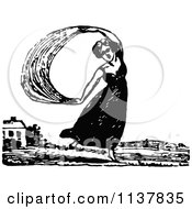 Clipart Of A Retro Vintage Black And White Lady Dancing With A Shawl Royalty Free Vector Illustration