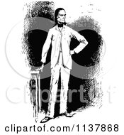 Clipart Of A Retro Vintage Black And White Man Standing By A Table Royalty Free Vector Illustration