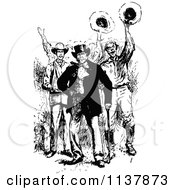 Clipart Of Retro Vintage Black And White Cheering Men Waving Hats Royalty Free Vector Illustration