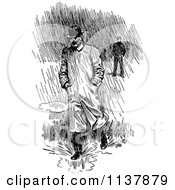 Poster, Art Print Of Retro Vintage Black And White Man Walking In Rain