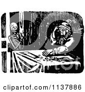 Clipart Of A Retro Vintage Black And White Man And Skeleton At The Door Royalty Free Vector Illustration