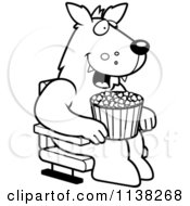 Cartoon Clipart Of An Outlined Happy Wolf With Popcorn At The Movie Theater Black And White Vector Coloring Page