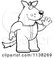 Cartoon Clipart Of An Outlined Waving Wolf In Footie Pajamas Black And White Vector Coloring Page