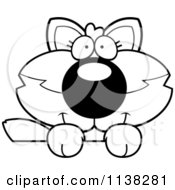 Cartoon Clipart Of An Outlined Cute Baby Wolf Looking Over A Surface Black And White Vector Coloring Page