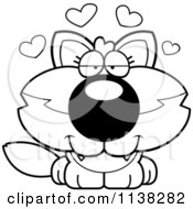 Cartoon Clipart Of An Outlined Cute Baby Wolf In Love Black And White Vector Coloring Page
