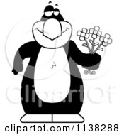Cartoon Clipart Of An Outlined Amorous Penguin Holding Flowers Black And White Vector Coloring Page