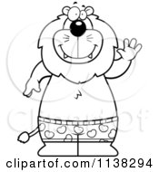 Cartoon Clipart Of An Outlined Happy Lion Waving And Wearing Boxers Black And White Vector Coloring Page
