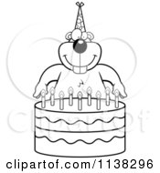 Cartoon Clipart Of An Outlined Gopher Making A Wish Over Candles On A Birthday Cake Black And White Vector Coloring Page