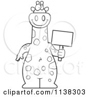 Cartoon Clipart Of An Outlined Giraffe Holding A Sign Black And White Vector Coloring Page