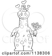Poster, Art Print Of Outlined Amorous Giraffe Holding Flowers